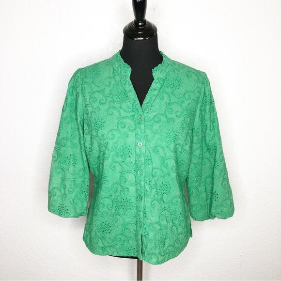 Soft Surroundings green eyelet floral balloon sleeve button down top size Medium - Picture 1 of 13